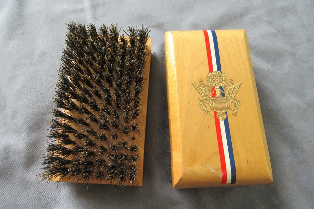 Set of 2 Vintage Shoe Shine Brushes Wood Red White Blue Stripe Eagle